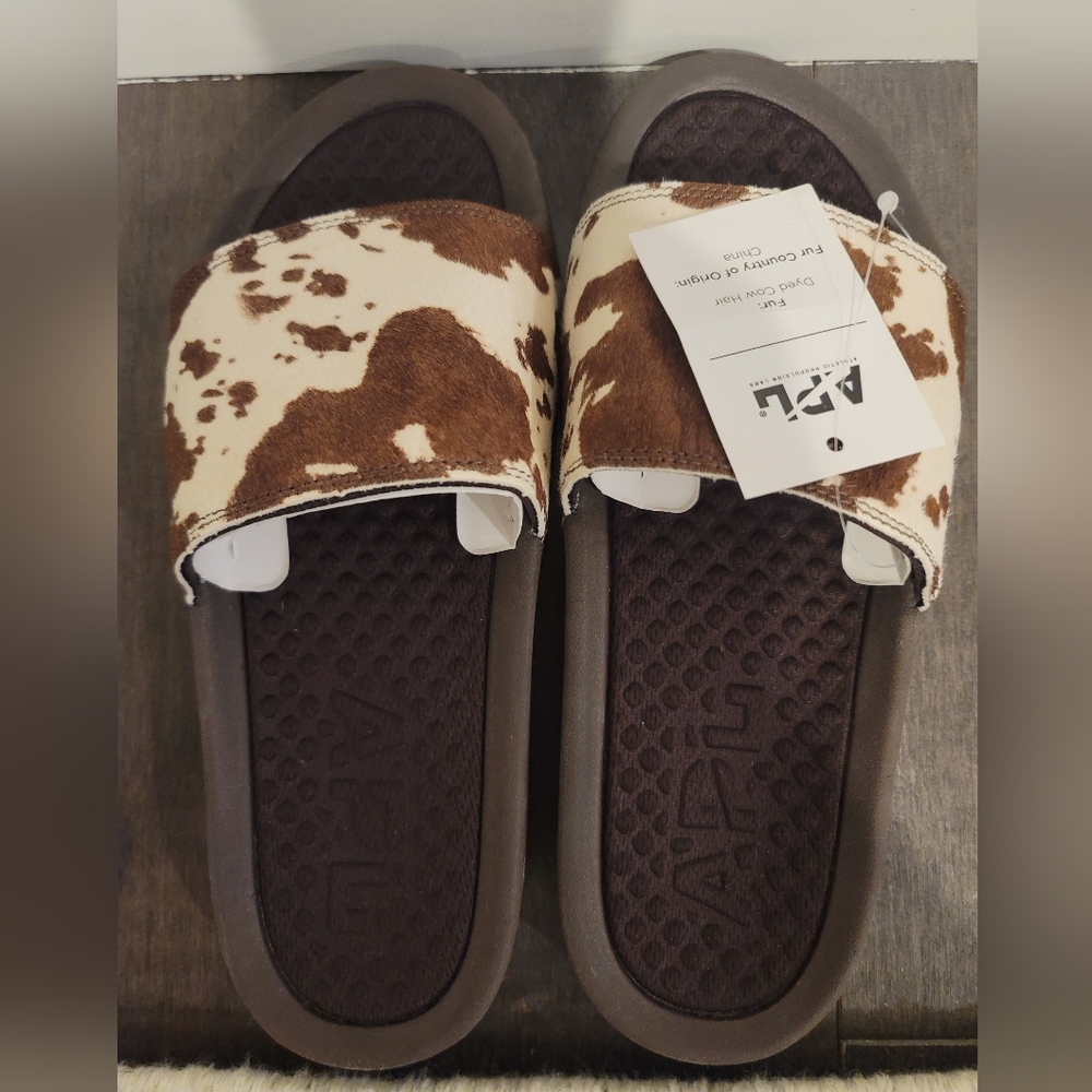APL NWT NIB Limited Edition $195 Brown DYED COW HAIR LEATHER FUR SLIDES WOMENS 8 - Picture 2 of 6